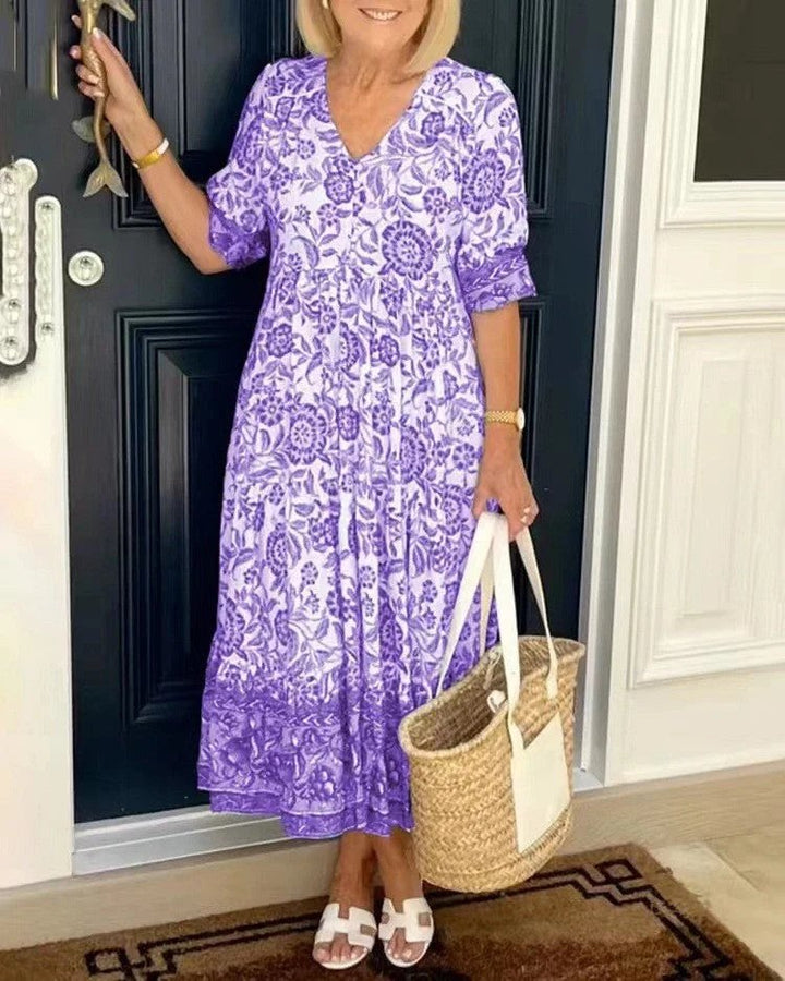 Floral Maxi Dress | V Neck | Soft Drape-Fashion Nora