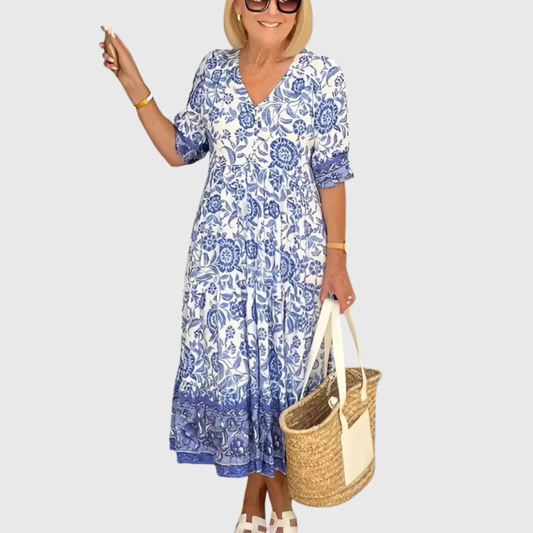 Floral Maxi Dress | V Neck | Soft Drape-Fashion Nora