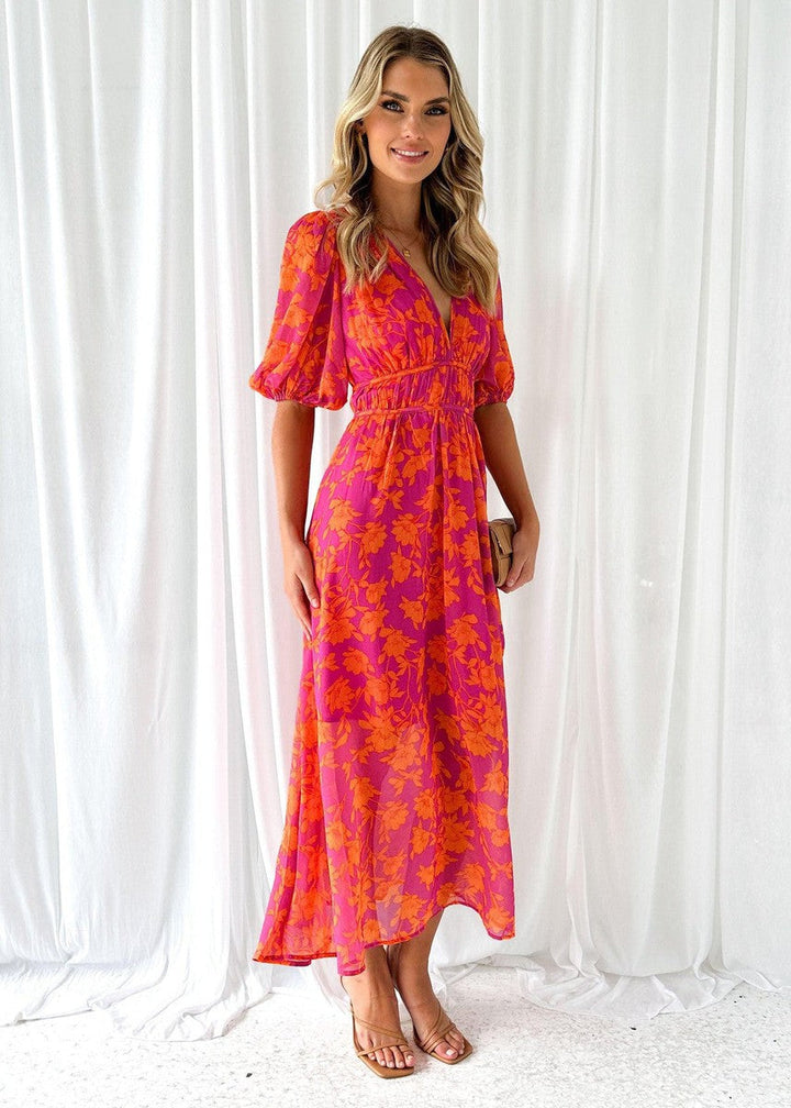 Floral Midi Dress | Puff Sleeve | V-Neck | Chiffon | Summer Dress-Fashion Nora