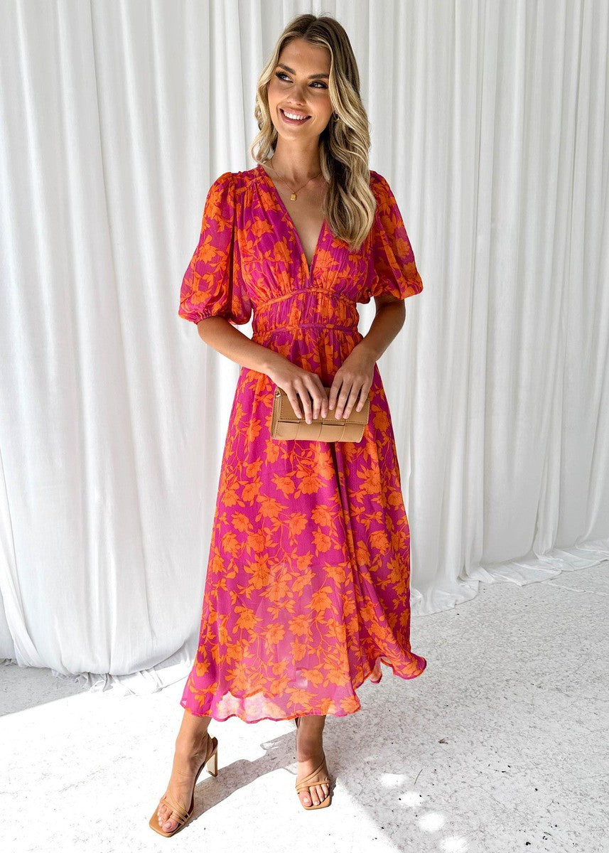 Floral Midi Dress | Puff Sleeve | V-Neck | Chiffon | Summer Dress-Fashion Nora