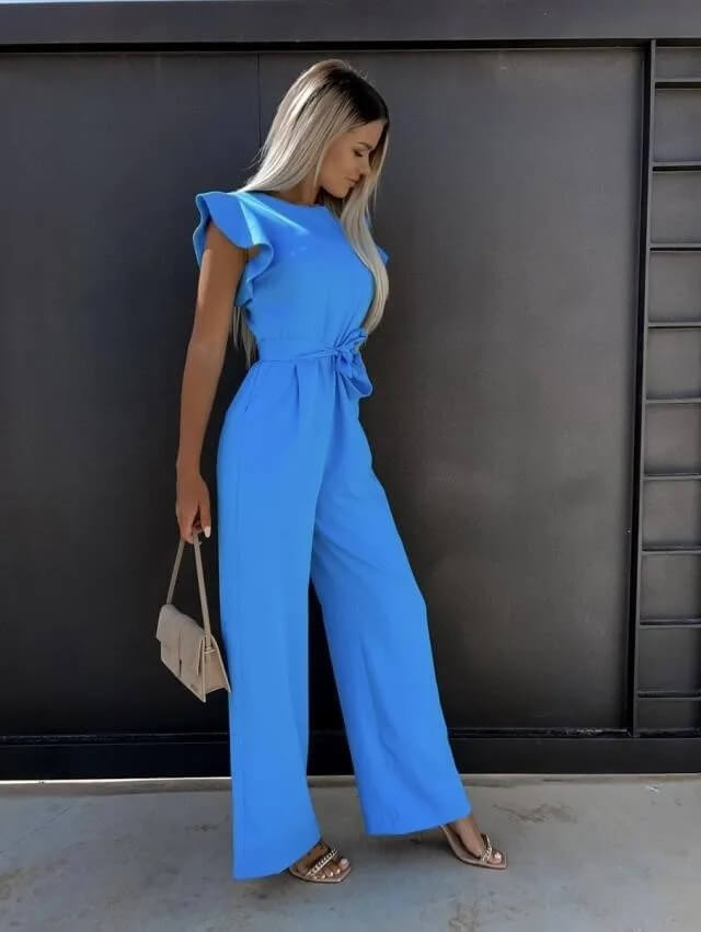 Florentine | Elegant Wide Leg Jumpsuit | Flutter Sleeve Belted-Fashion Nora