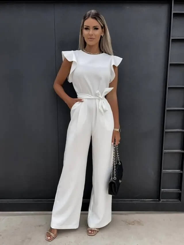Florentine | Elegant Wide Leg Jumpsuit | Flutter Sleeve Belted-Fashion Nora