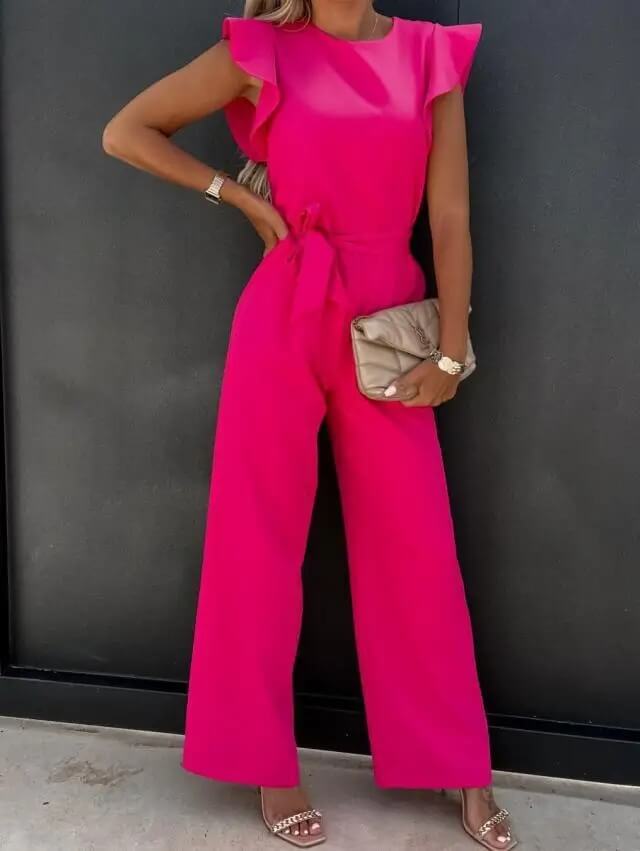 Florentine | Elegant Wide Leg Jumpsuit | Flutter Sleeve Belted-Fashion Nora