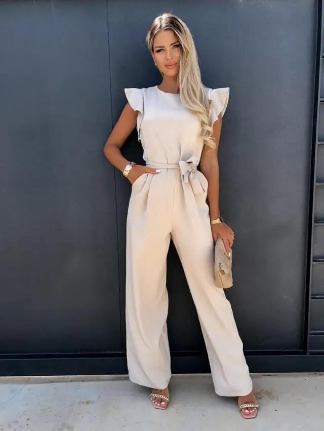 Florentine | Elegant Wide Leg Jumpsuit | Flutter Sleeve Belted-Fashion Nora