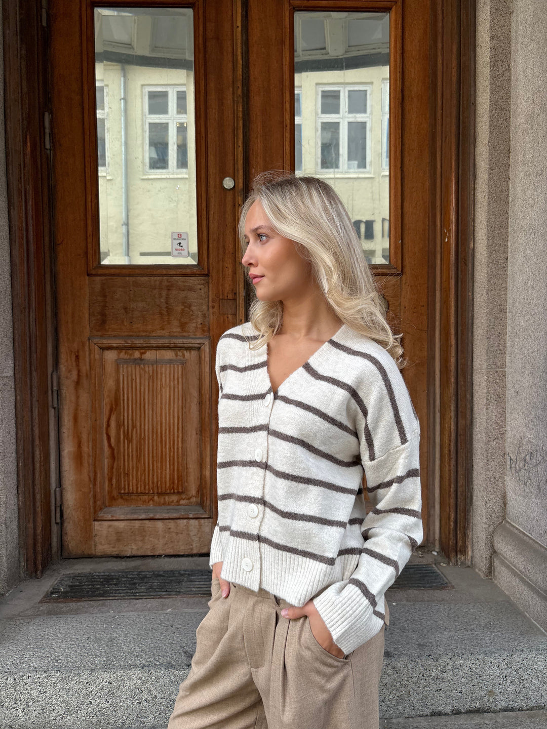 Frida Stripe Knit Cardigan - Beige/Dusty Brown-Fashion Nora