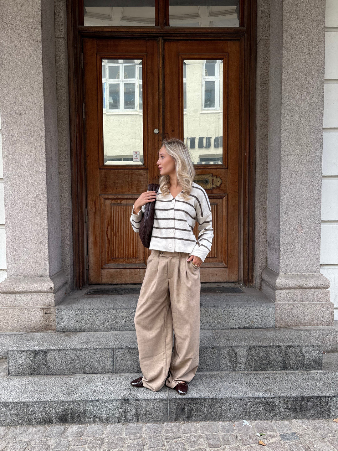 Frida Stripe Knit Cardigan - Beige/Dusty Brown-Fashion Nora