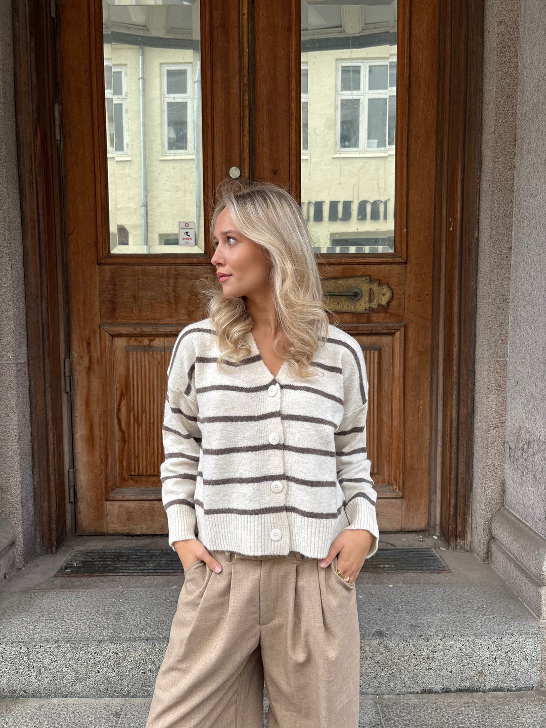 Frida Stripe Knit Cardigan - Beige/Dusty Brown-Fashion Nora