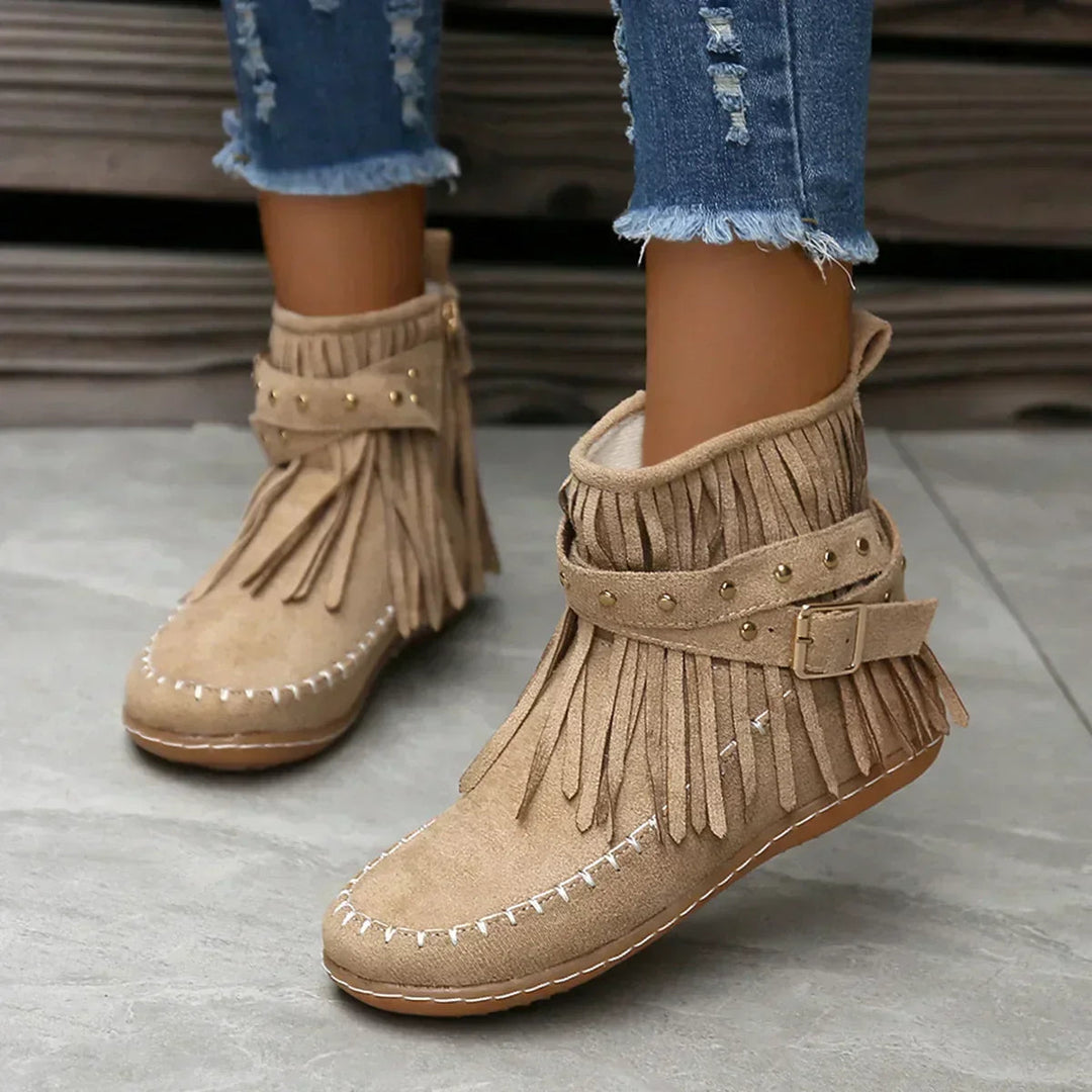 Fringe and Stud Ankle Boots | Faux Suede | Western Style-Fashion Nora