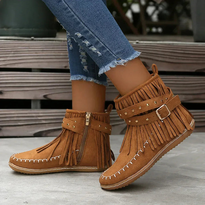 Fringe and Stud Ankle Boots | Faux Suede | Western Style-Fashion Nora