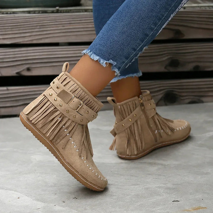Fringe and Stud Ankle Boots | Faux Suede | Western Style-Fashion Nora