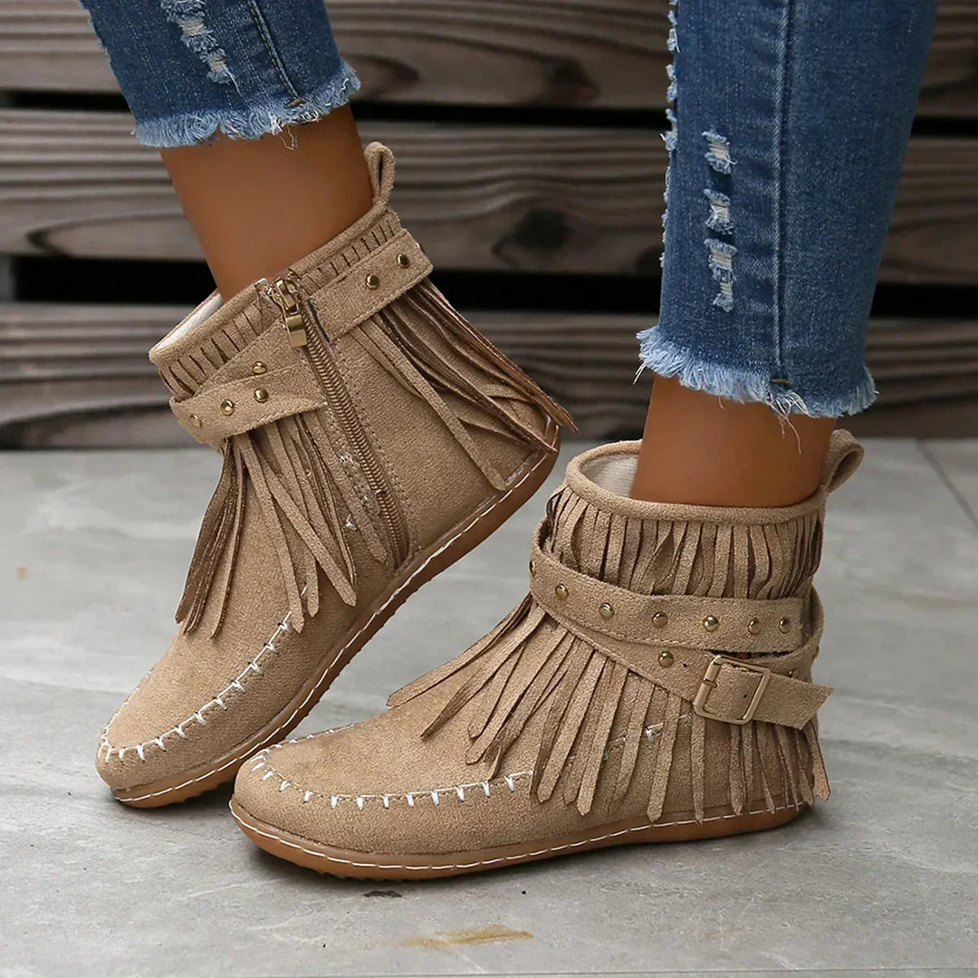 Fringe and Stud Ankle Boots | Faux Suede | Western Style-Fashion Nora