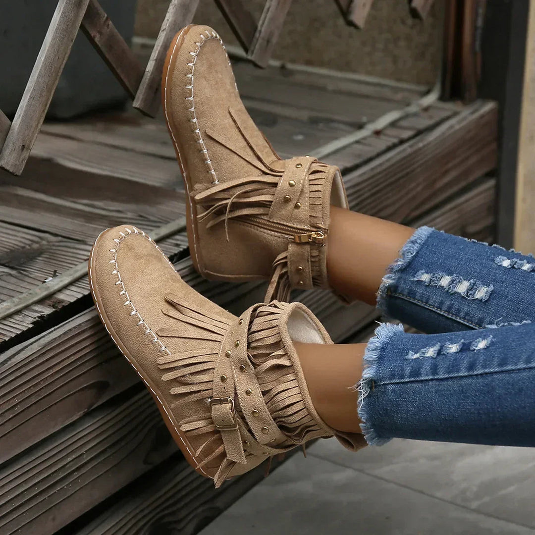 Fringe and Stud Ankle Boots | Faux Suede | Western Style-Fashion Nora