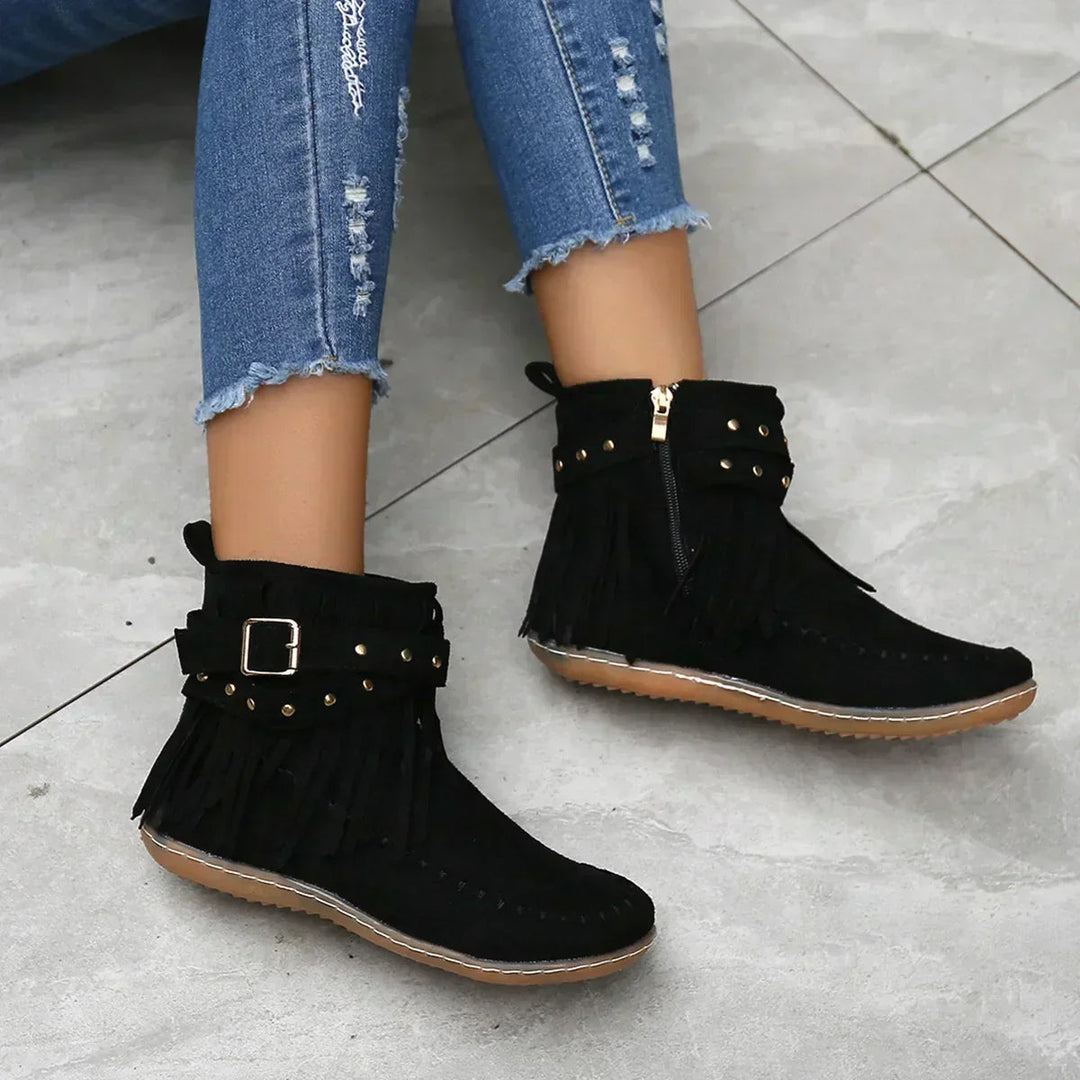 Fringe and Stud Ankle Boots | Faux Suede | Western Style-Fashion Nora