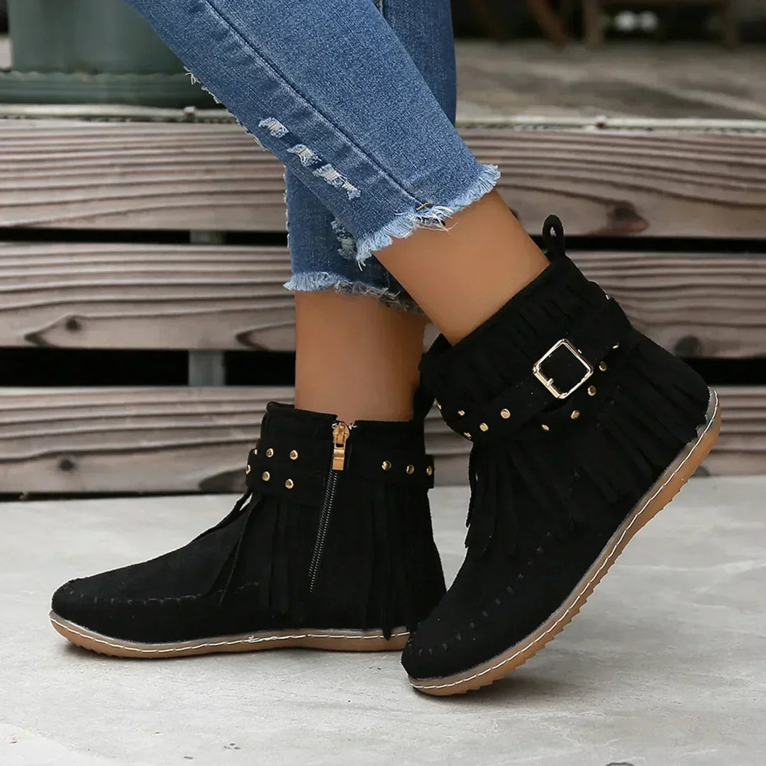 Fringe and Stud Ankle Boots | Faux Suede | Western Style-Fashion Nora