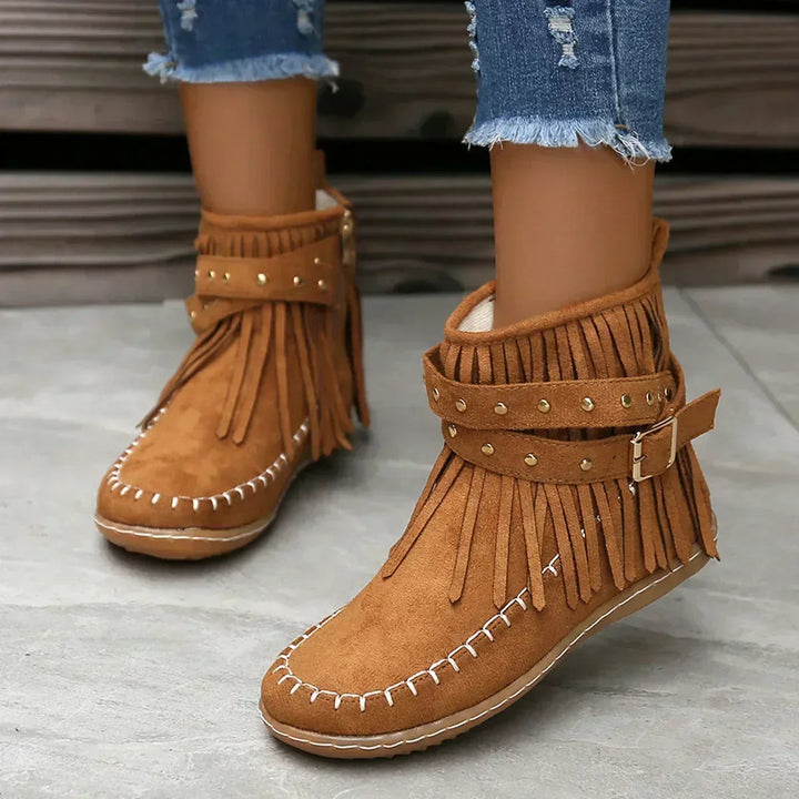 Fringe and Stud Ankle Boots | Faux Suede | Western Style-Fashion Nora