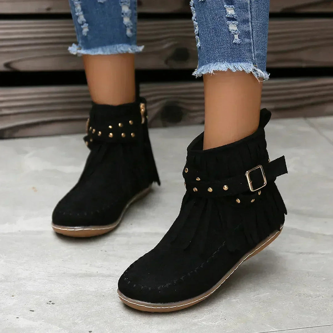 Fringe and Stud Ankle Boots | Faux Suede | Western Style-Fashion Nora