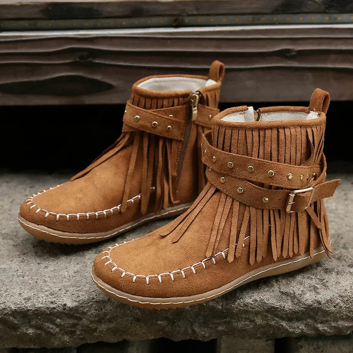 Fringe and Stud Ankle Boots | Faux Suede | Western Style-Fashion Nora