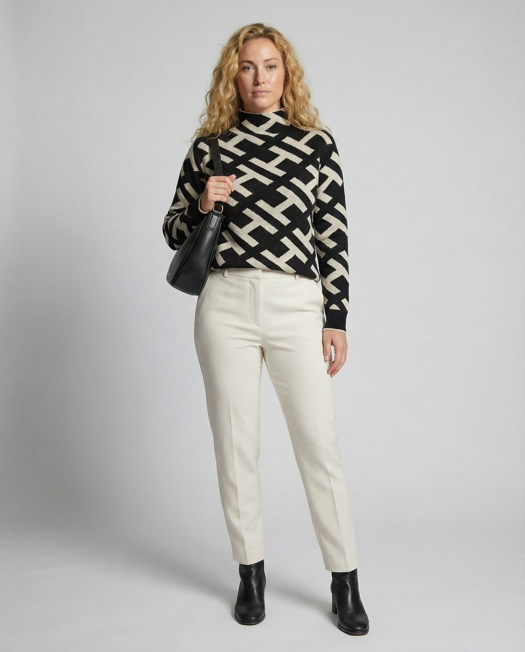 Geometric Knit Sweater | Mock Neck | Black and Cream Pattern-Fashion Nora