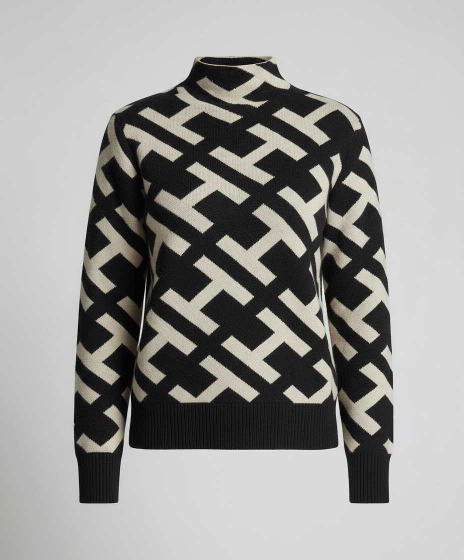 Geometric Knit Sweater | Mock Neck | Black and Cream Pattern-Fashion Nora