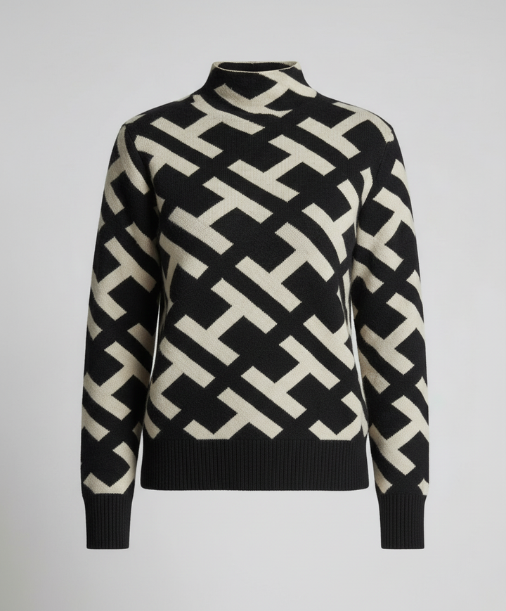 Geometric Knit Sweater | Mock Neck | Black and Cream Pattern-Fashion Nora