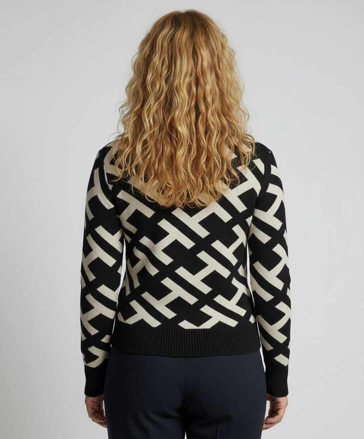 Geometric Knit Sweater | Mock Neck | Black and Cream Pattern-Fashion Nora