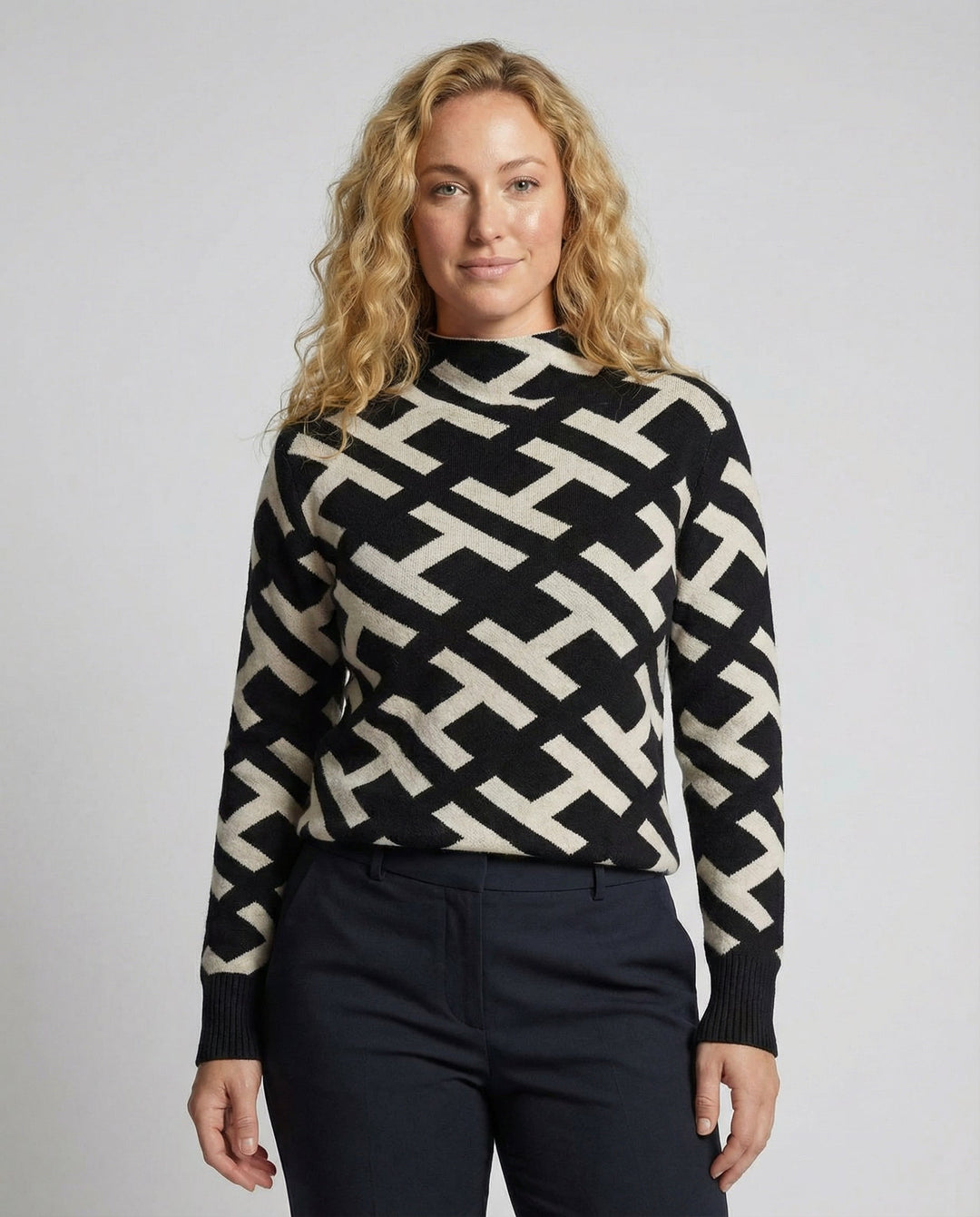 Geometric Knit Sweater | Mock Neck | Black and Cream Pattern-Fashion Nora