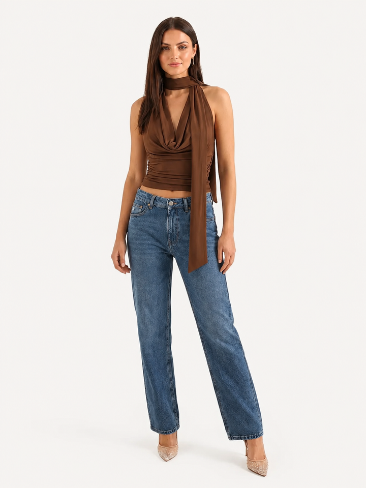 Halter Neck Top | Draped Cowl Scarf Tie | Brown-Fashion Nora