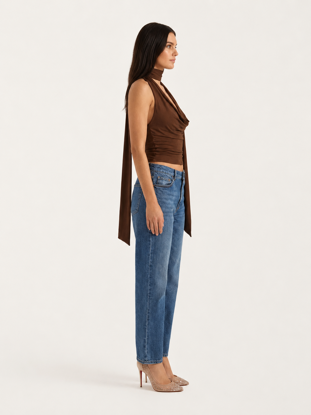 Halter Neck Top | Draped Cowl Scarf Tie | Brown-Fashion Nora