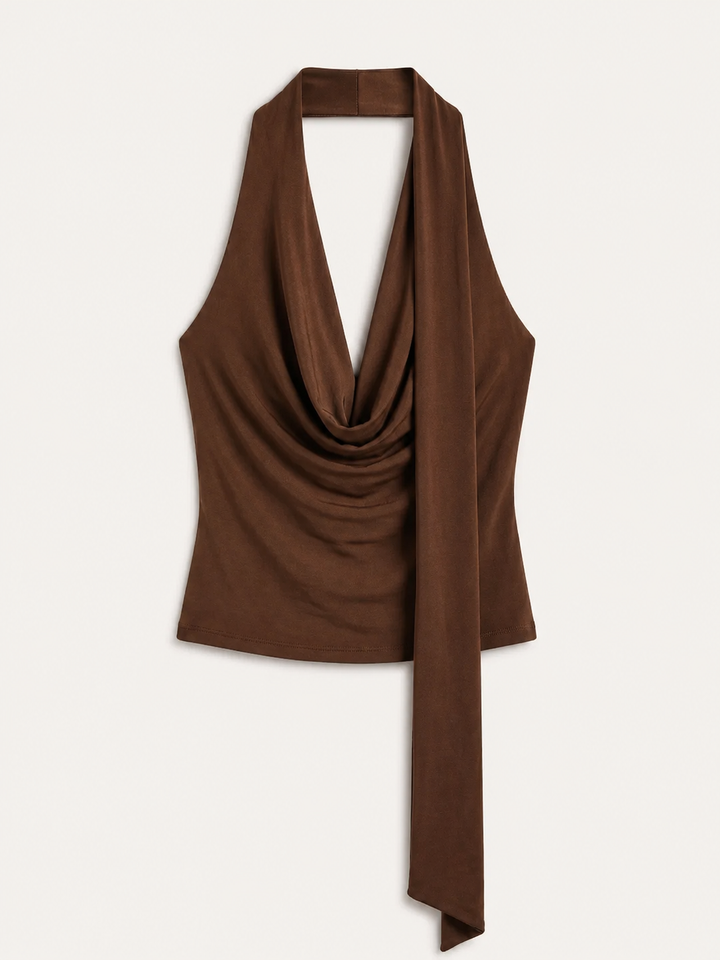 Halter Neck Top | Draped Cowl Scarf Tie | Brown-Fashion Nora