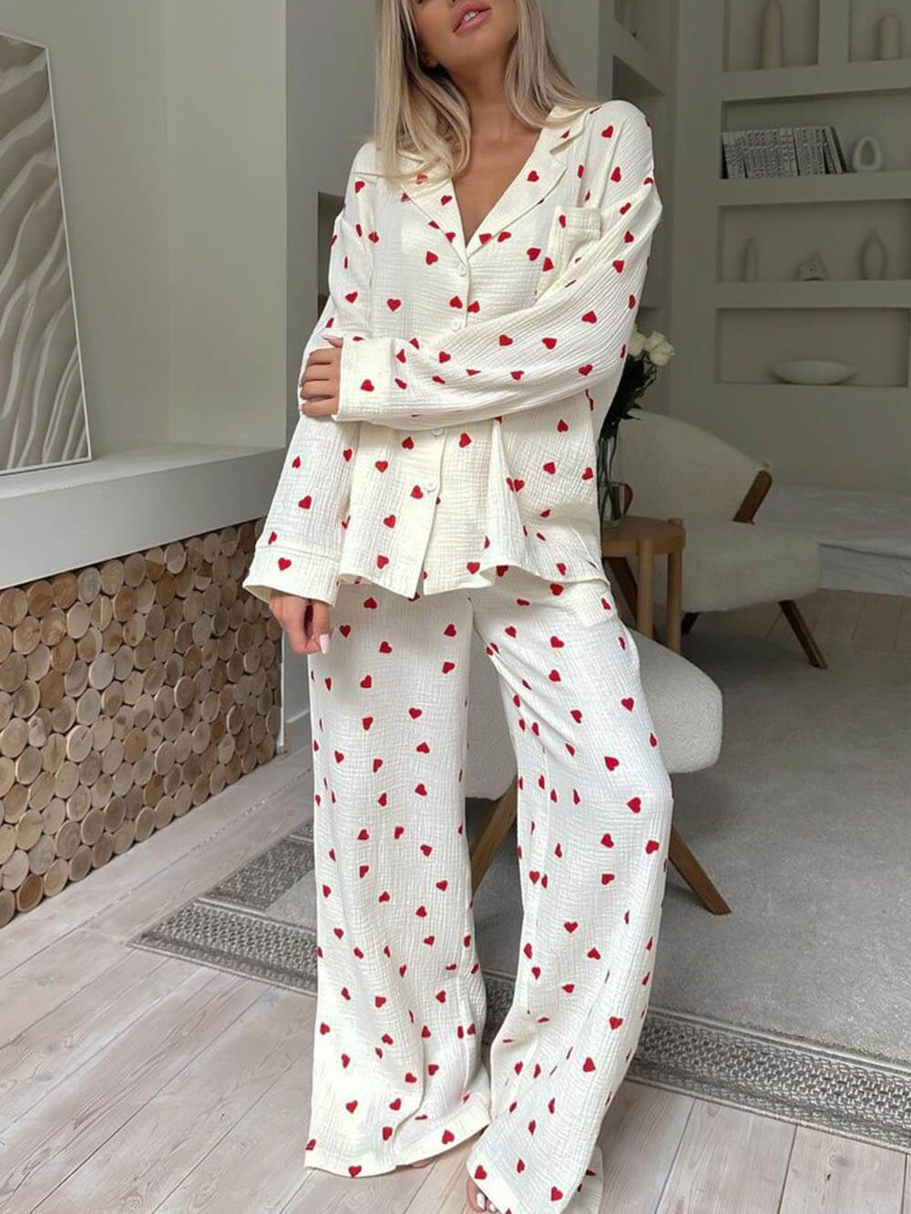 Heart Print Pyjama Set | Women's Long Sleeve Pyjamas Set-Fashion Nora