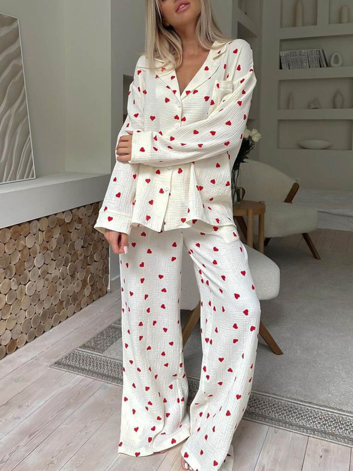 Heart Print Pyjama Set | Women's Long Sleeve Pyjamas Set-Fashion Nora