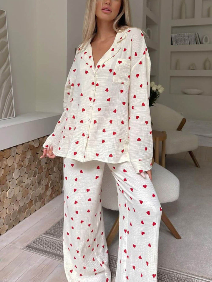 Heart Print Pyjama Set | Women's Long Sleeve Pyjamas Set-Fashion Nora