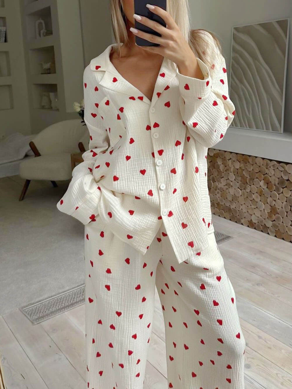 Heart Print Pyjama Set | Women's Long Sleeve Pyjamas Set-Fashion Nora