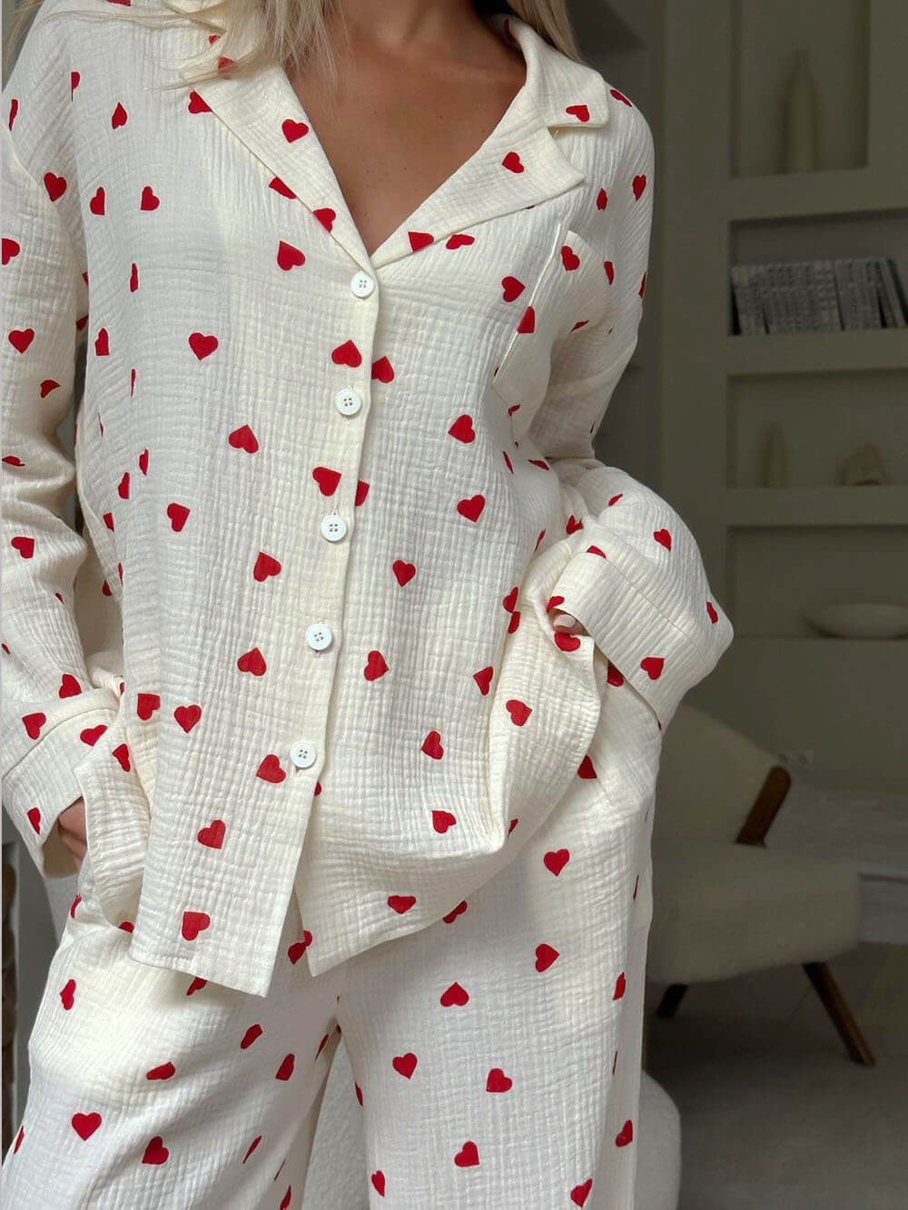 Heart Print Pyjama Set | Women's Long Sleeve Pyjamas Set-Fashion Nora