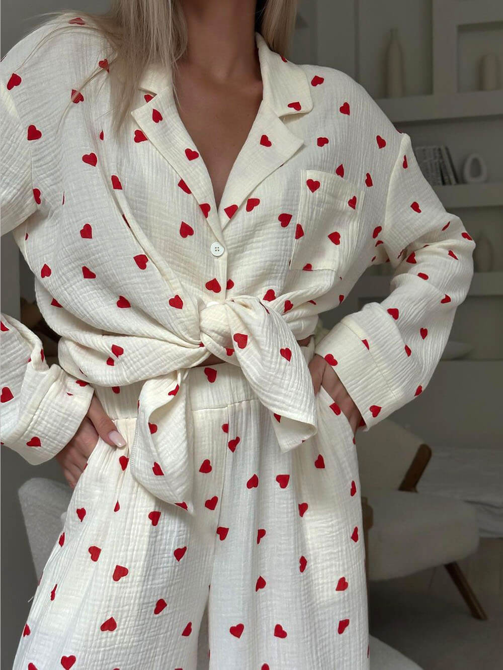 Heart Print Pyjama Set | Women's Long Sleeve Pyjamas Set-Fashion Nora
