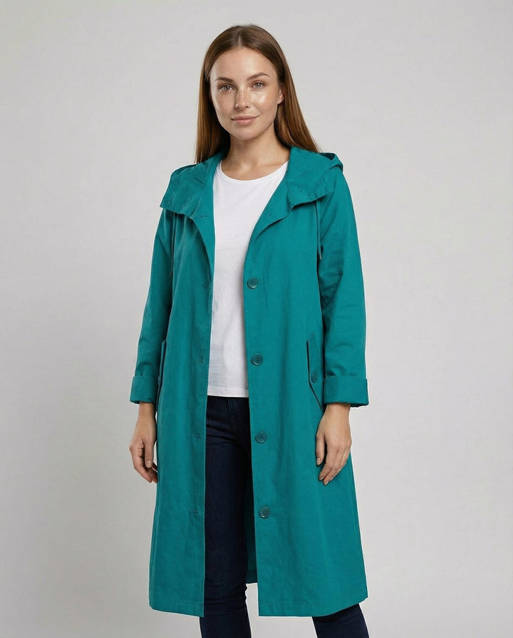 Hooded Rain Trench Coat | Lightweight | Button Front-Fashion Nora