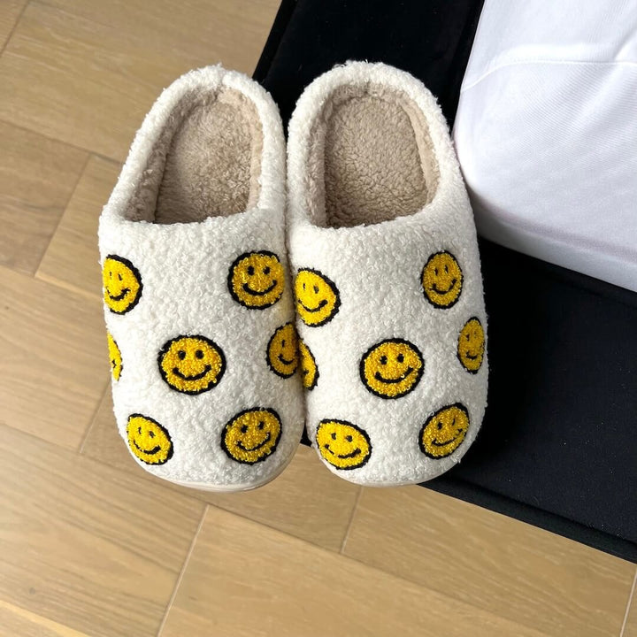 Smiley Slippers | Plush House Slippers Women | Yellow White-Fashion Nora