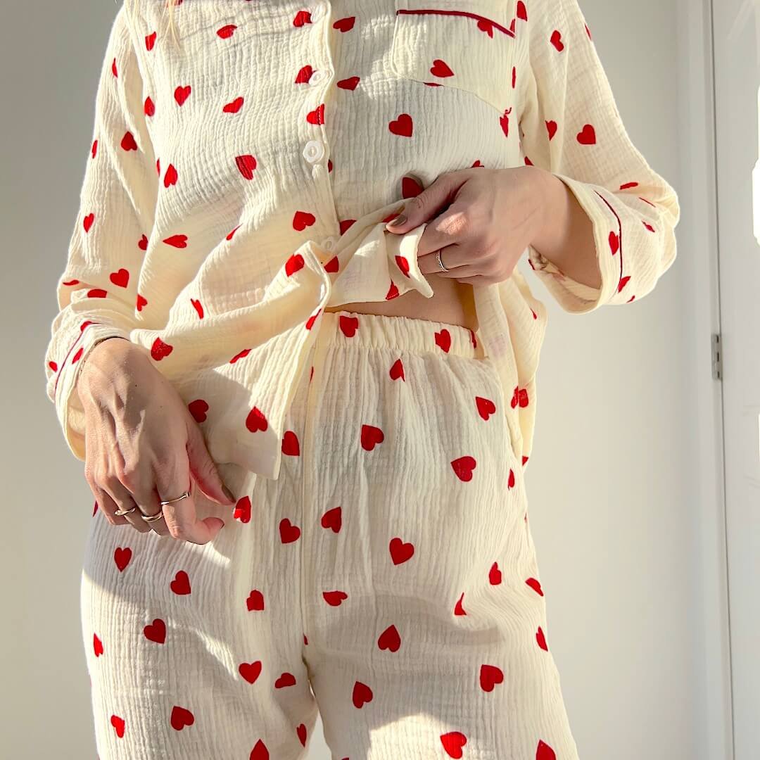 Heart Pyjamas | Muslin Pyjama Set Women | Long Sleeve-Fashion Nora