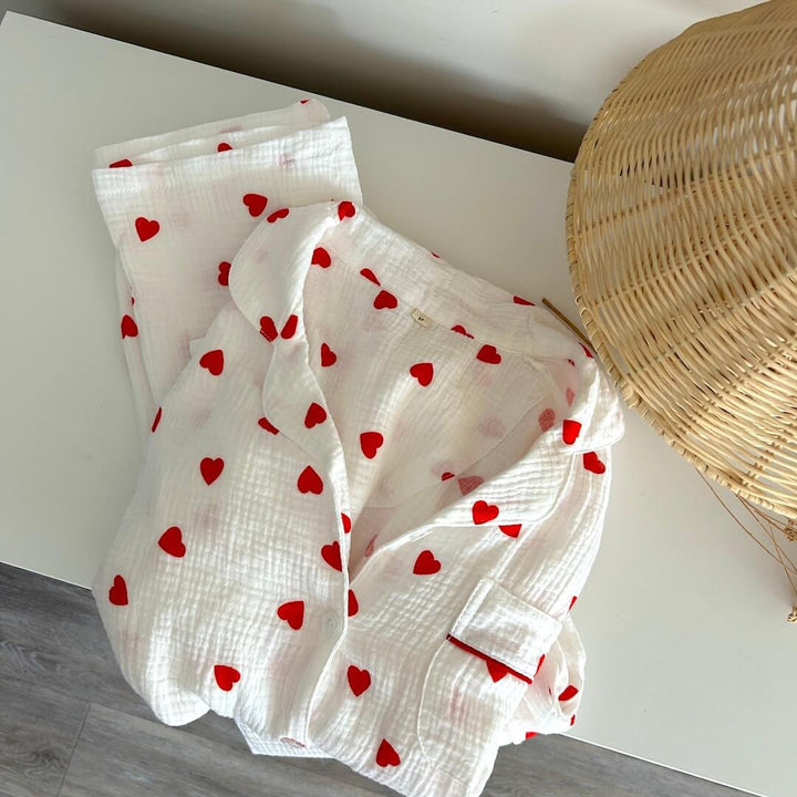 Heart Pyjamas | Muslin Pyjama Set Women | Long Sleeve-Fashion Nora