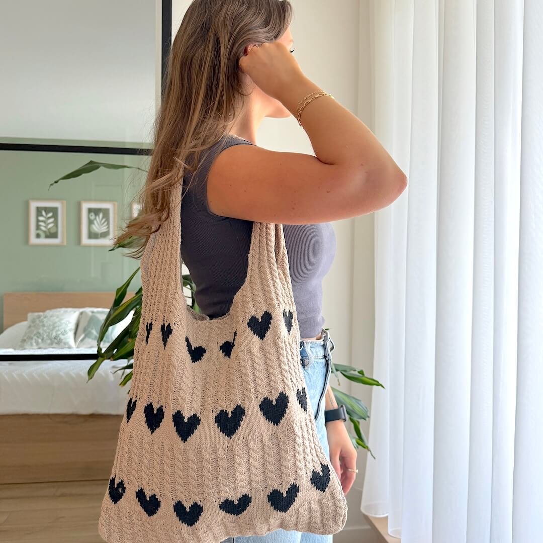 Crochet Tote Bag | Hearts | Cotton Beach Bag Women-Fashion Nora