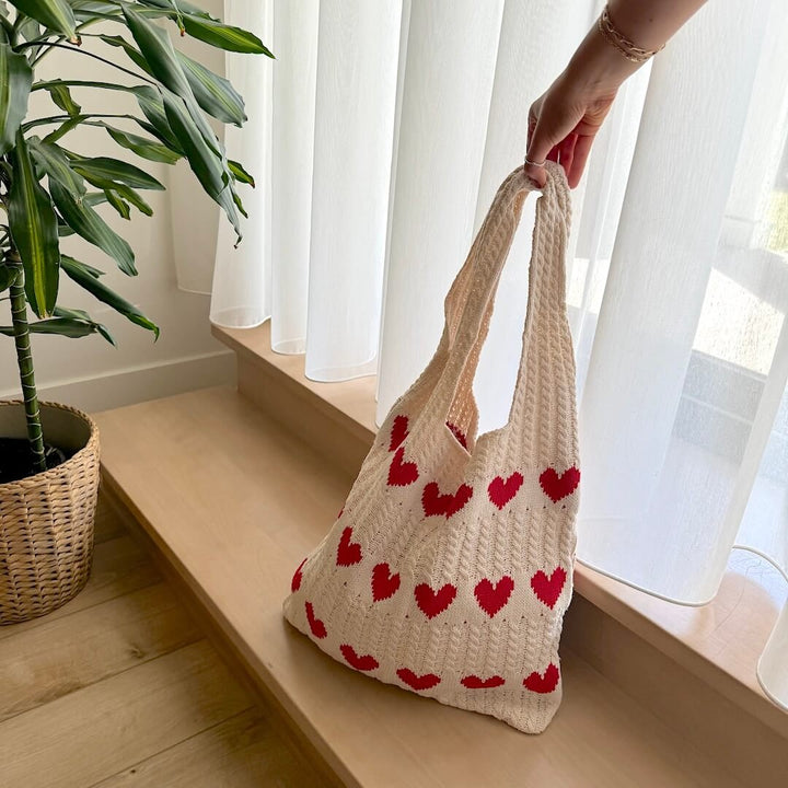 Crochet Tote Bag | Hearts | Cotton Beach Bag Women-Fashion Nora