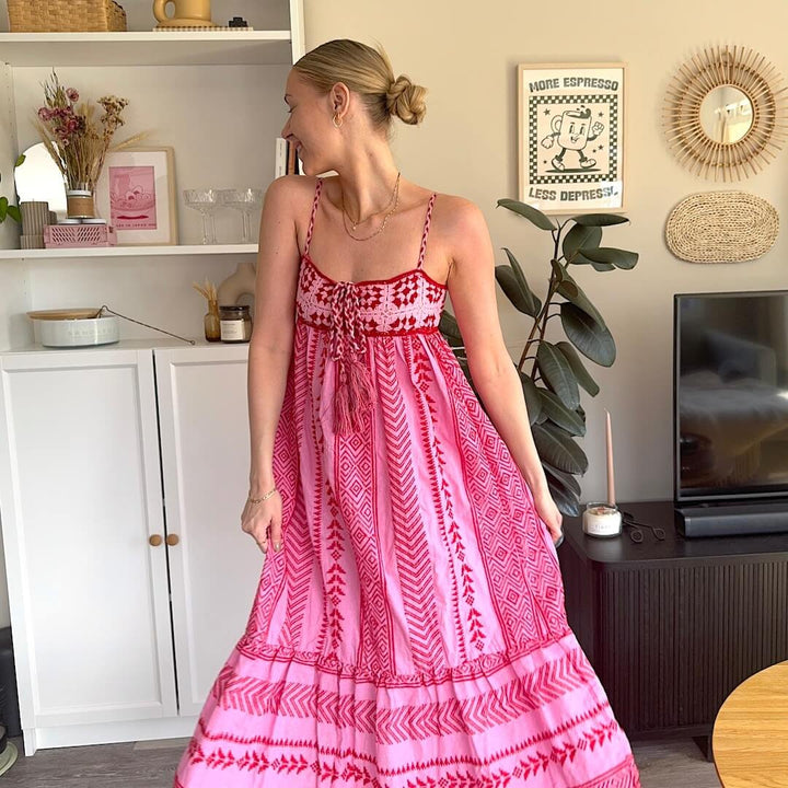 Sundress | Pink Woven Motif | Crochet Bodice Maxi Dress-Fashion Nora