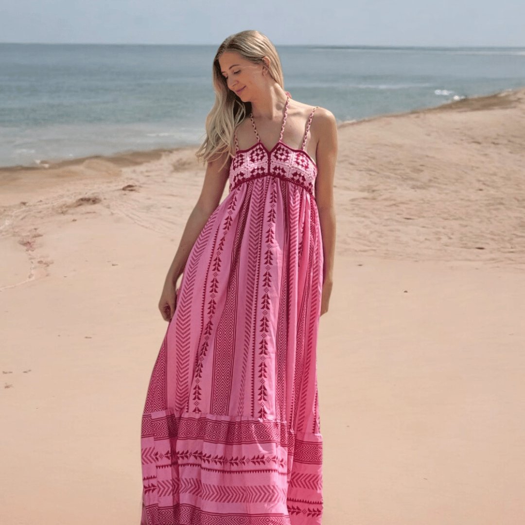 Sundress | Pink Woven Motif | Crochet Bodice Maxi Dress-Fashion Nora