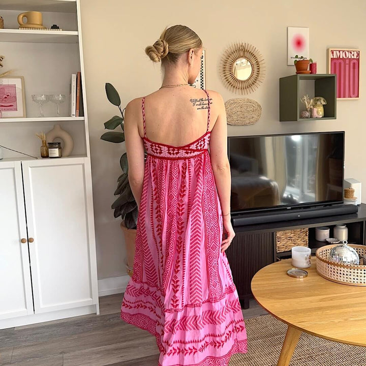 Sundress | Pink Woven Motif | Crochet Bodice Maxi Dress-Fashion Nora
