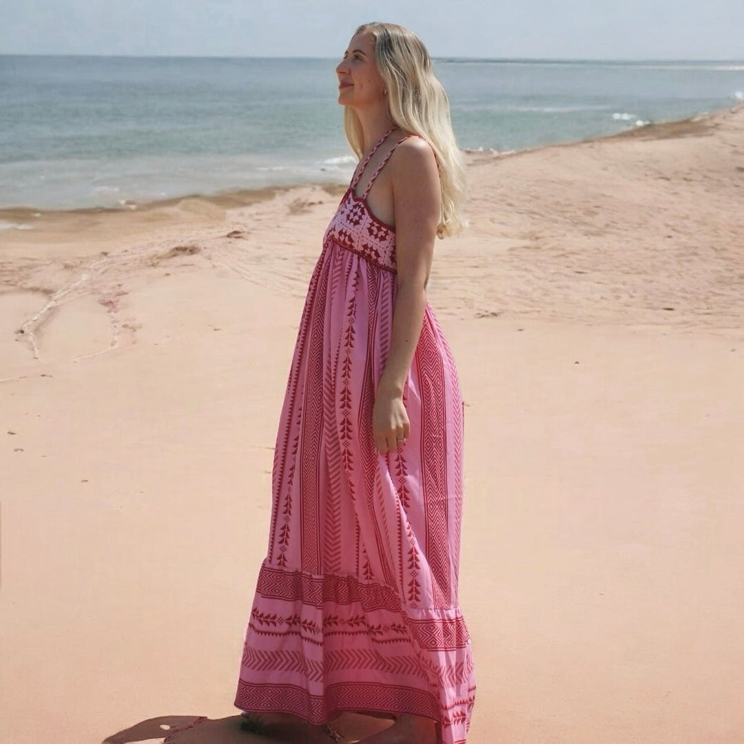 Sundress | Pink Woven Motif | Crochet Bodice Maxi Dress-Fashion Nora