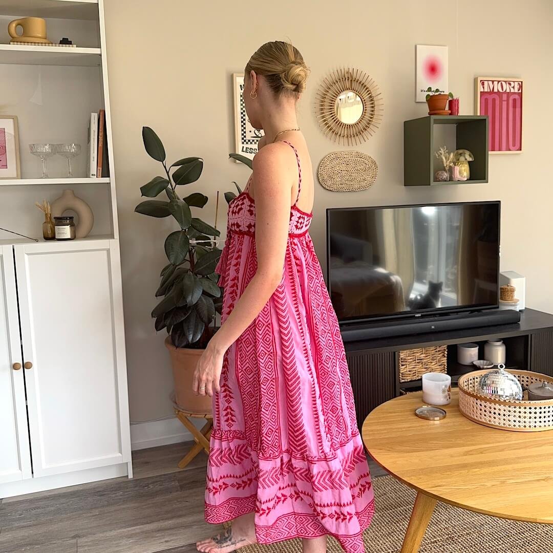 Sundress | Pink Woven Motif | Crochet Bodice Maxi Dress-Fashion Nora