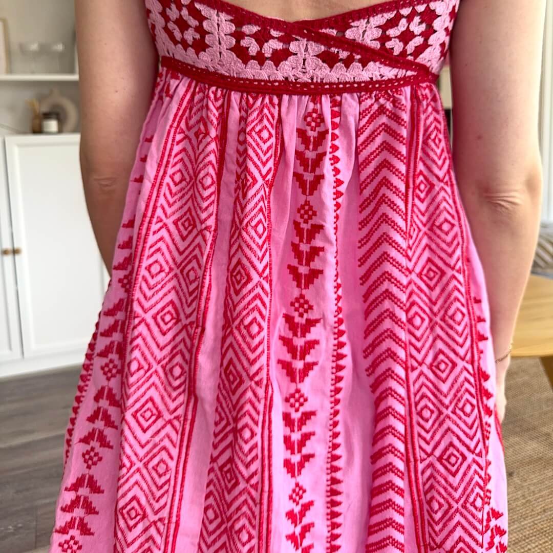 Sundress | Pink Woven Motif | Crochet Bodice Maxi Dress-Fashion Nora