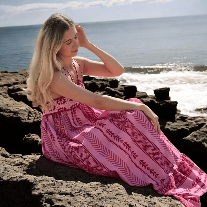 Sundress | Pink Woven Motif | Crochet Bodice Maxi Dress-Fashion Nora
