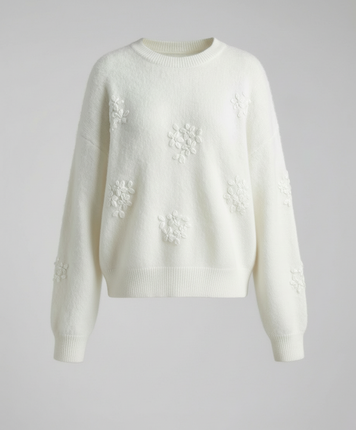 Jacquard Knit Winter Sweater | Round Neck | Soft White-Fashion Nora