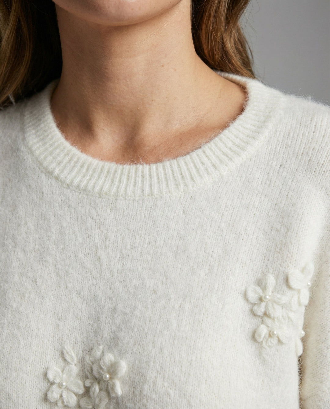 Jacquard Knit Winter Sweater | Round Neck | Soft White-Fashion Nora